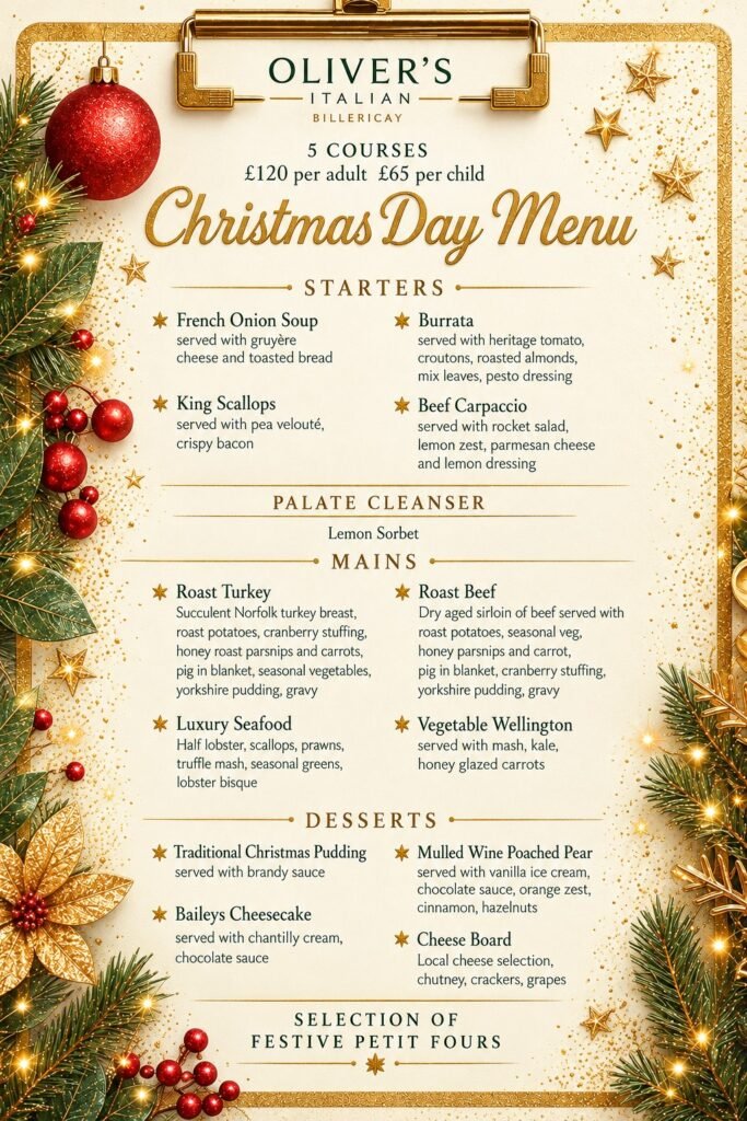 Oliver's Italian Christmas Day Menu, 5 courses, Billericay