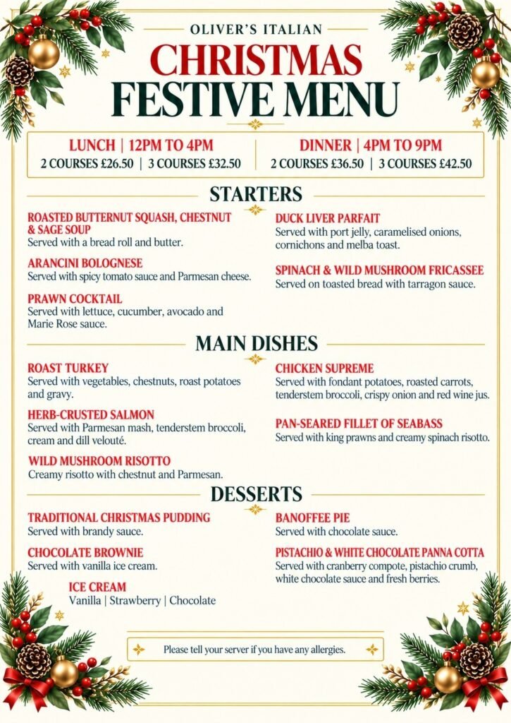 Oliver's Italian Christmas Festive Menu, lunch and dinner, Billericay